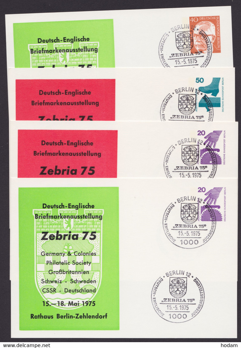 PP 50 Ff. "Zebria 75", 4 Versch. Ganzsachen, Je Pass. Sst. - Privatpostkarten - Gebraucht