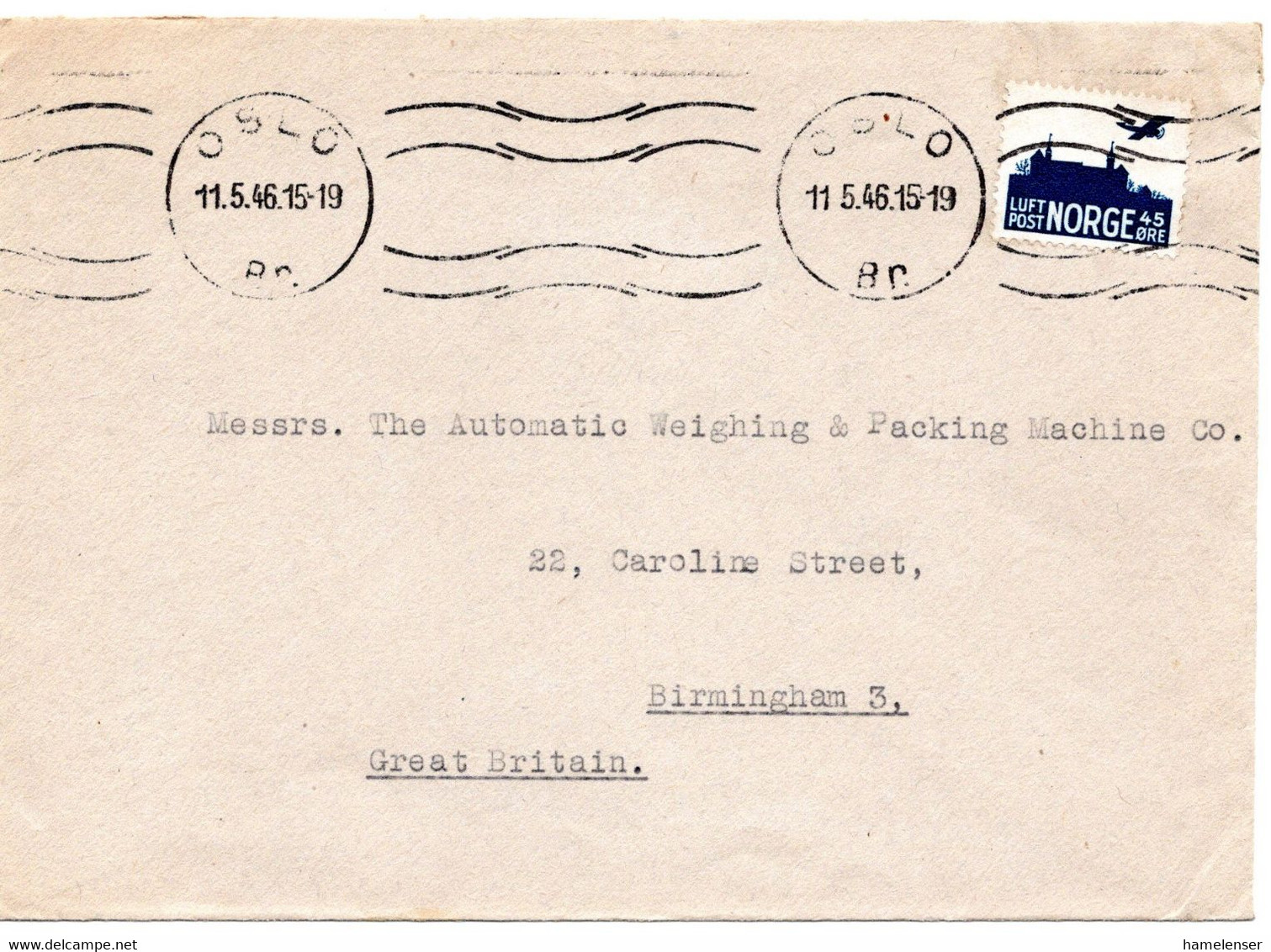 62610 - Norwegen - 1946 - 45o. Luftpost EF A Bf OSLO -> Grossbritannien - Lettres & Documents