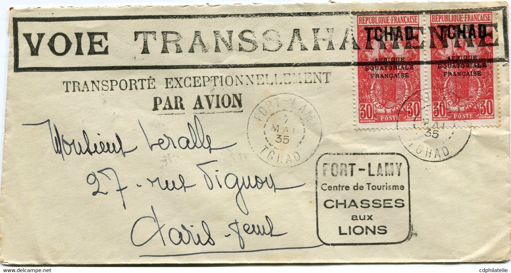 TCHAD LETTRE AVEC CACHET "VOIE TRANSSAHARIENNE" TRANSPORTE.....PAR AVION DEPART FORT-LAMY 7 MAI 35 + CACHET....AUX LIONS - Lettres & Documents