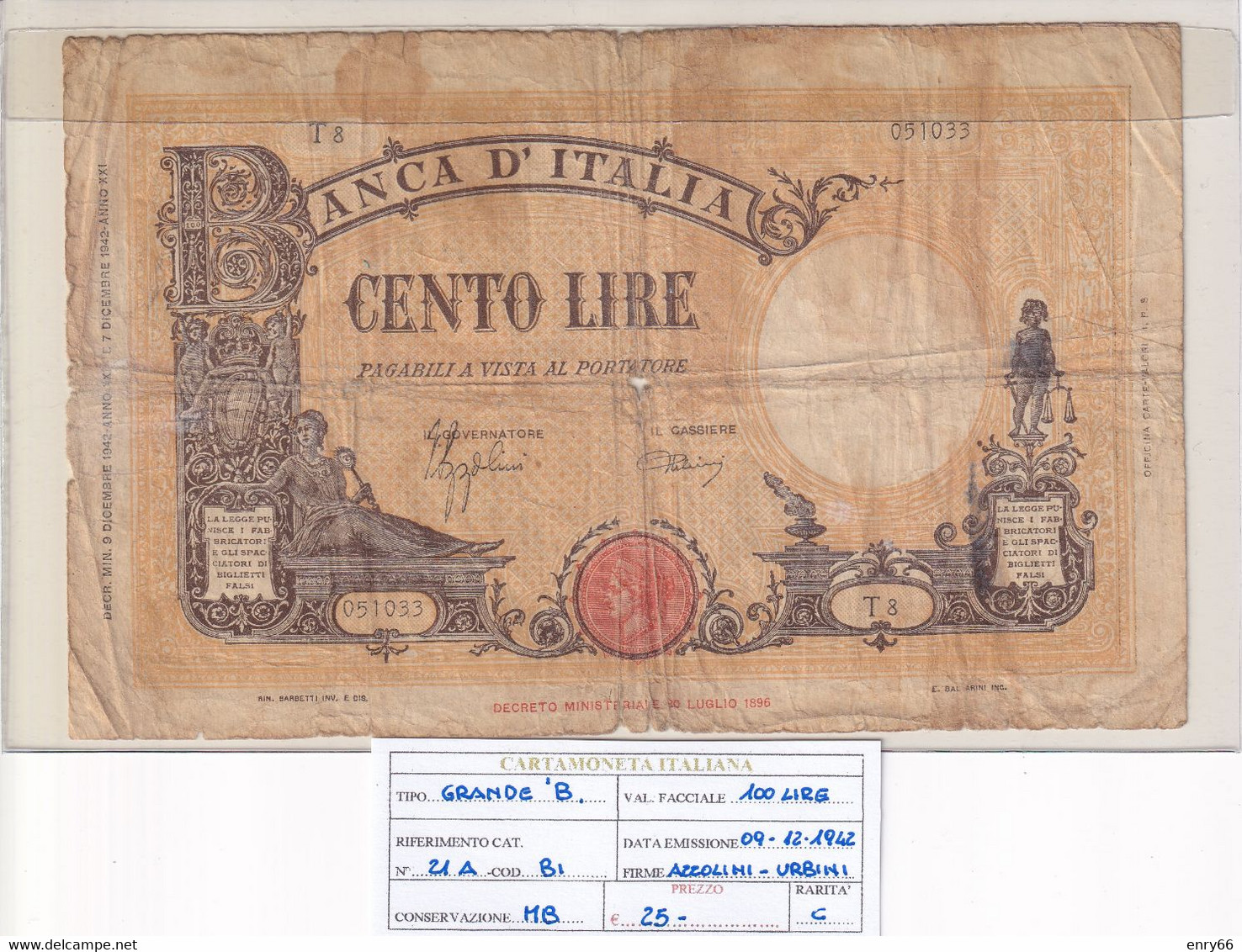 ITALIA 100 LIRE 09-12-1942 CAT. N° 21A - 100 Liras