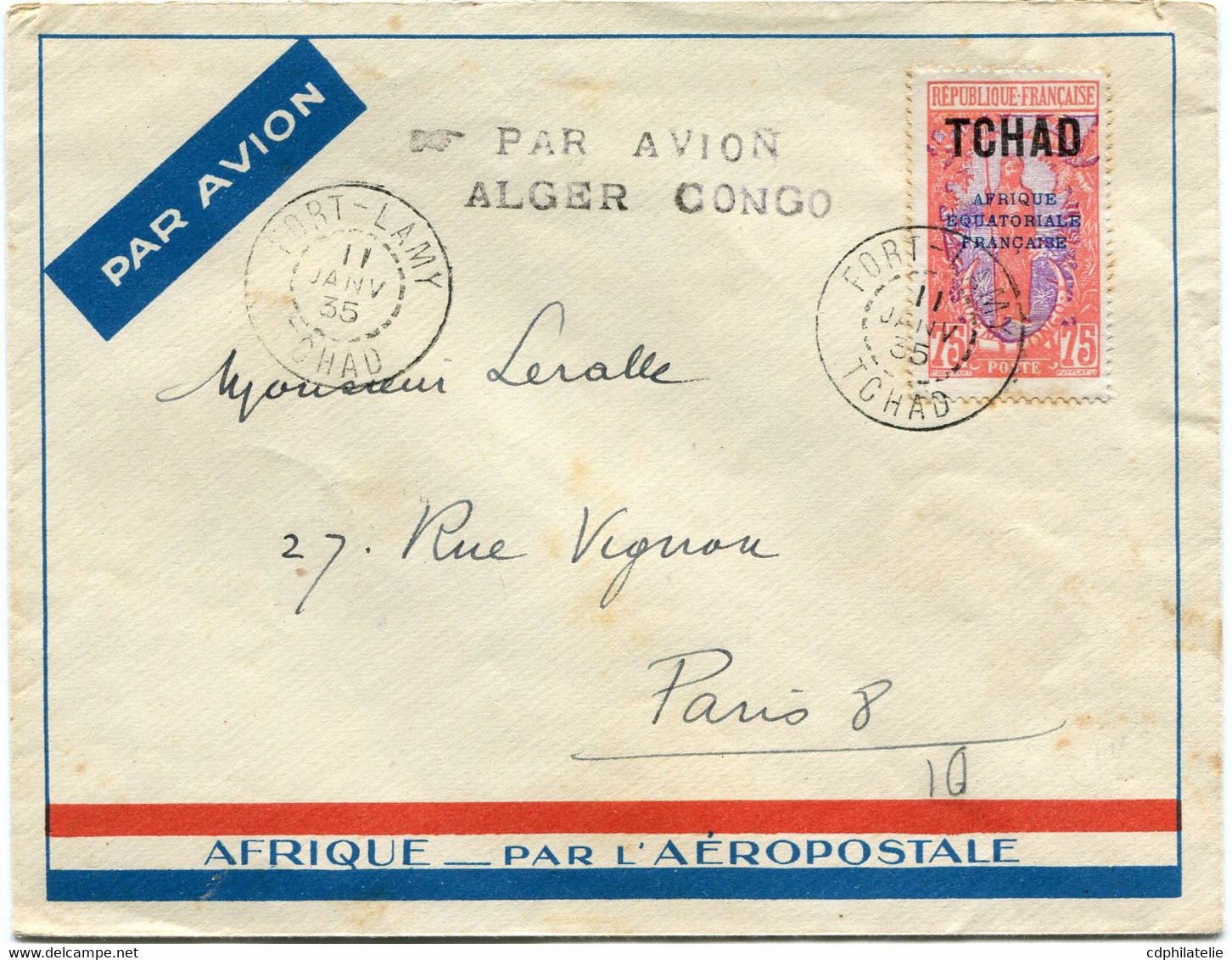 TCHAD LETTRE PAR AVION AVEC CACHET " PAR AVION ALGER CONGO " DEPART FORT-LAMY 11 JANV 35 TCHAD POUR LA FRANCE - Covers & Documents
