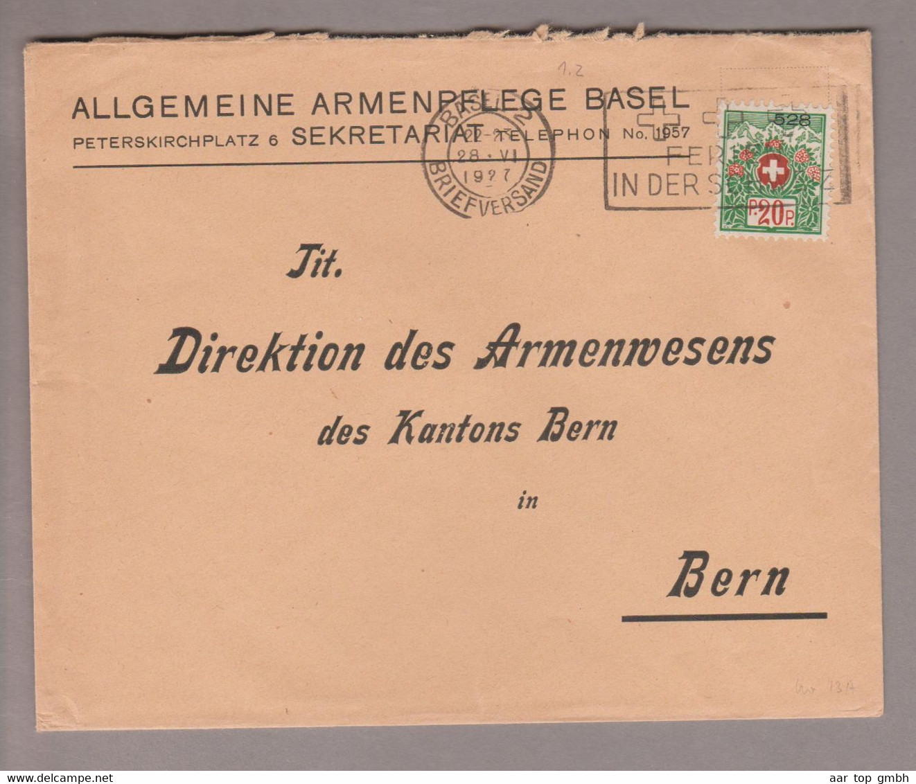 CH Portofreiheit Zu#13A 20Rp. GR#528 Brief Allgemeine Armenpflege Basel - Portofreiheit