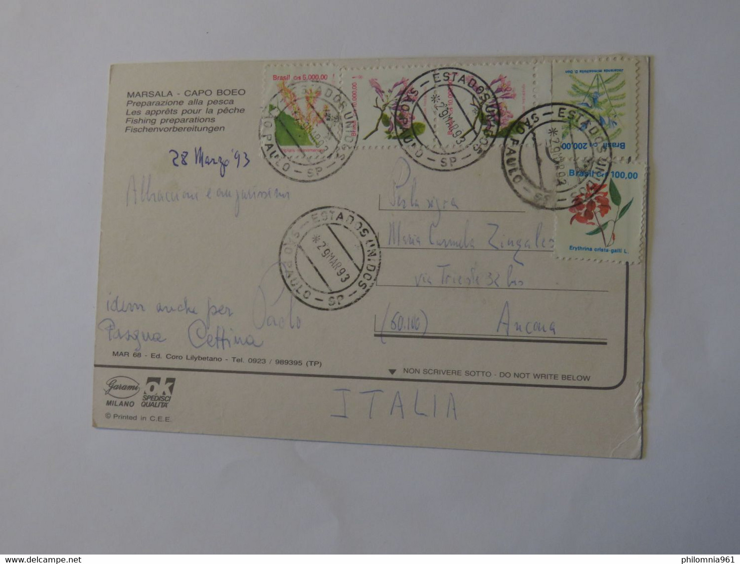 BRAZIL POSTCARD TO ITALY 1993 - Used Stamps