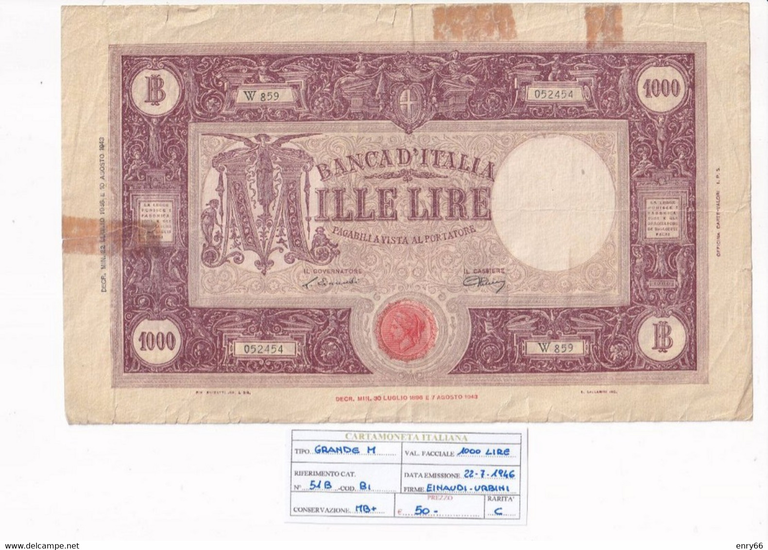 ITALIA 1000 LIRE 22-07-1946 CAT. N° 51B - 1000 Lire