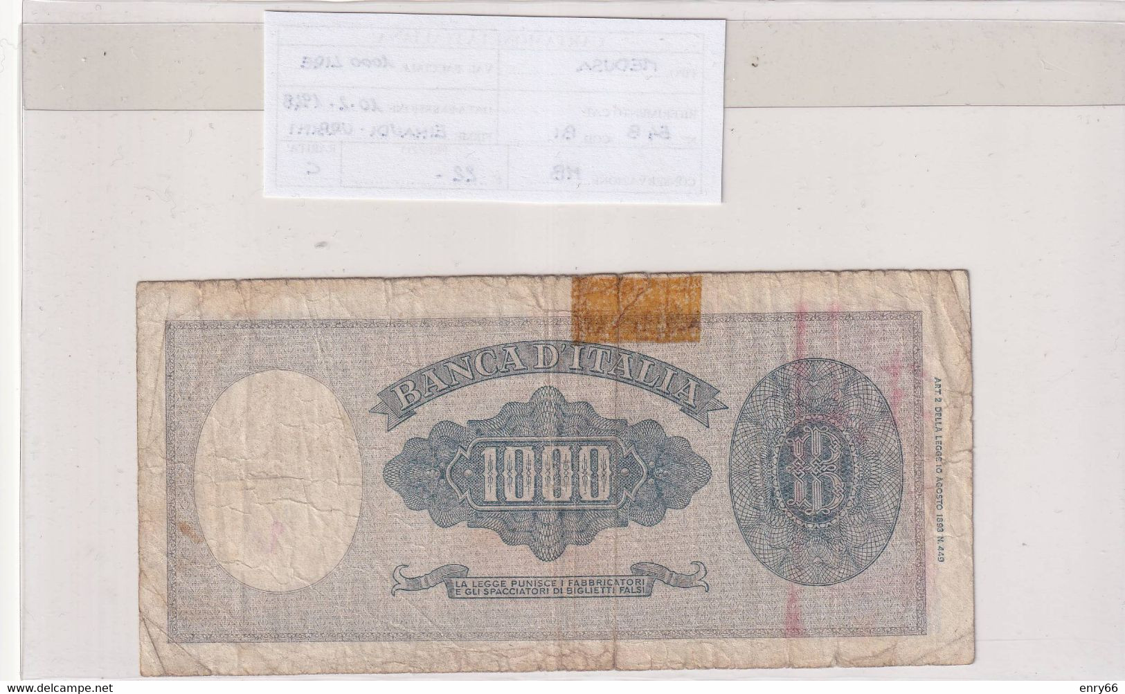 ITALIA 1000 LIRE 10-02-1948 CAT. N° 54B - 1000 Lire