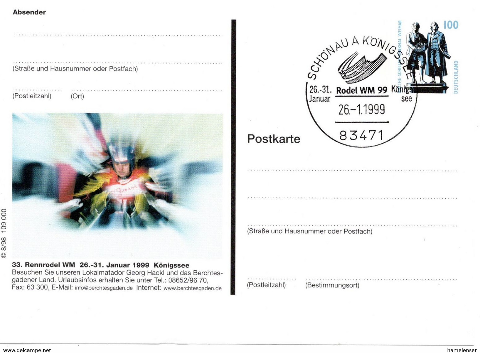 55739 - Bund - 1999 - 100Pfg SWK PGAKte "Rennrodel WM" SoStpl SCHOENAU - RODEL WM 99 KOENIGSSEE - Winter (Varia)