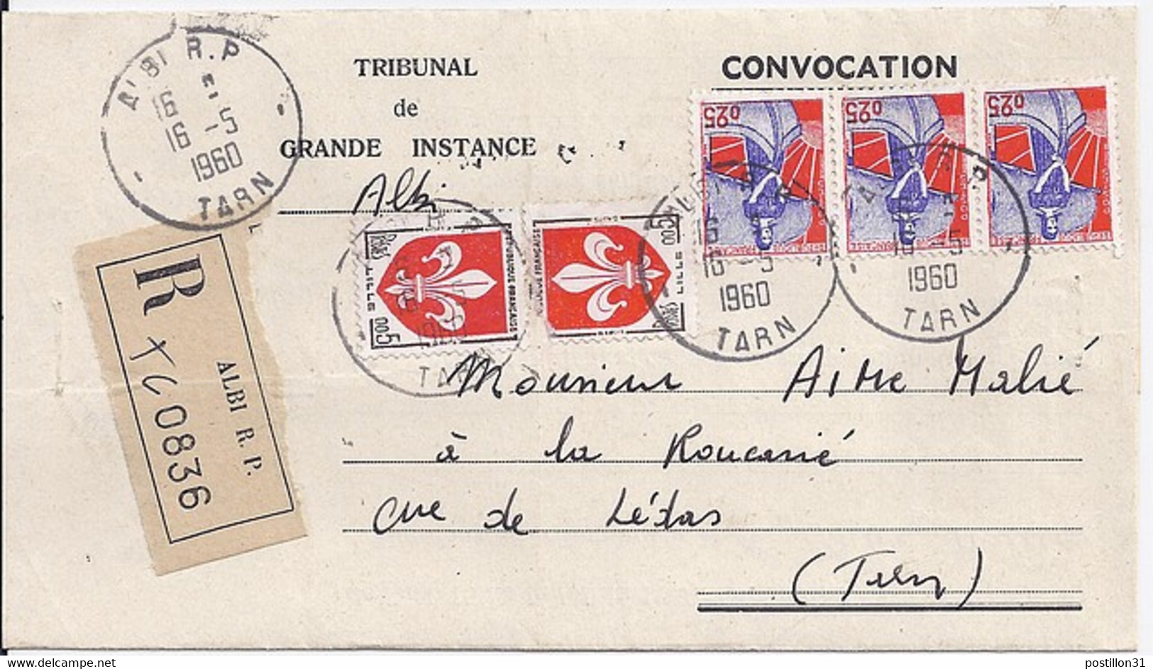 TYPE MARIANNE A LA NEF N° 1234x3 + DIVERS SUR LETTRE RECOMMANDEE DE ALBI / 1960 - 1959-1960 Marianne In Een Sloep