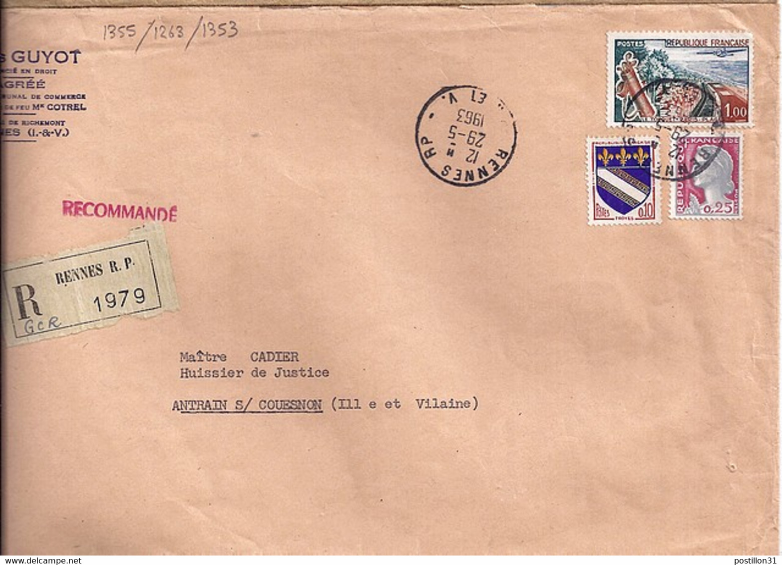 TYPE MARIANNE DE DECARIS N° 1263 + COMPL. SUR LETTRE RECOMMANDEE DE RENNES / 29.5.1963 - 1960 Marianne De Decaris