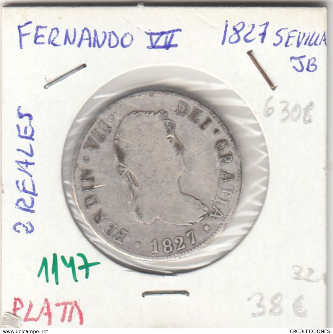 CRE1147 MONEDA ESPAÑA FERNANDO VII 2 REALES 1827 SEVILLA JB PLATA MC - Monnaies Provinciales