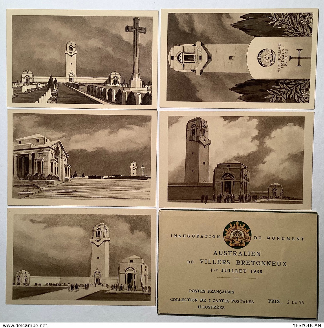 France 1938 5x Entier Postal Mémorial Australien Villers-Bretonneux(Australian Forces Australia Australie WW1 1914-18war - Standard- Und TSC-AK (vor 1995)