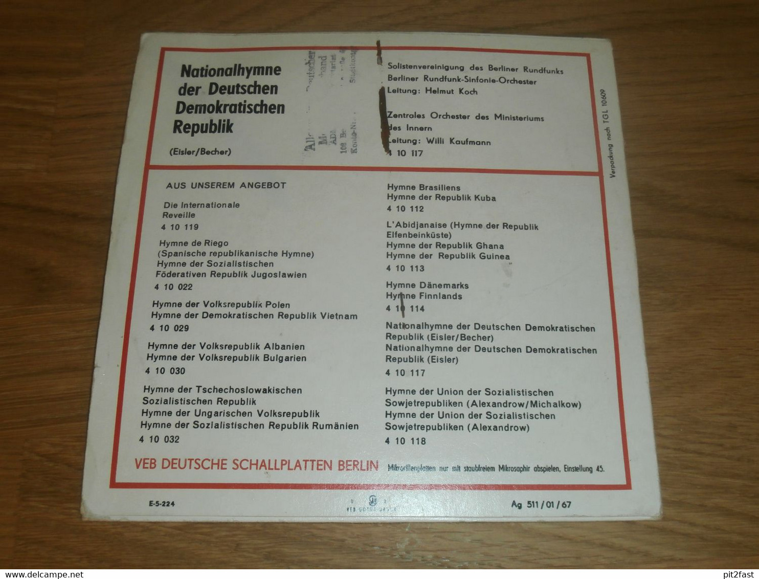 ADMV Generalsekretariat Berlin - Nationalhymne Der DDR In 2 Fassungen 1967  , Vinyl , Eterna - Vollständige Sammlungen