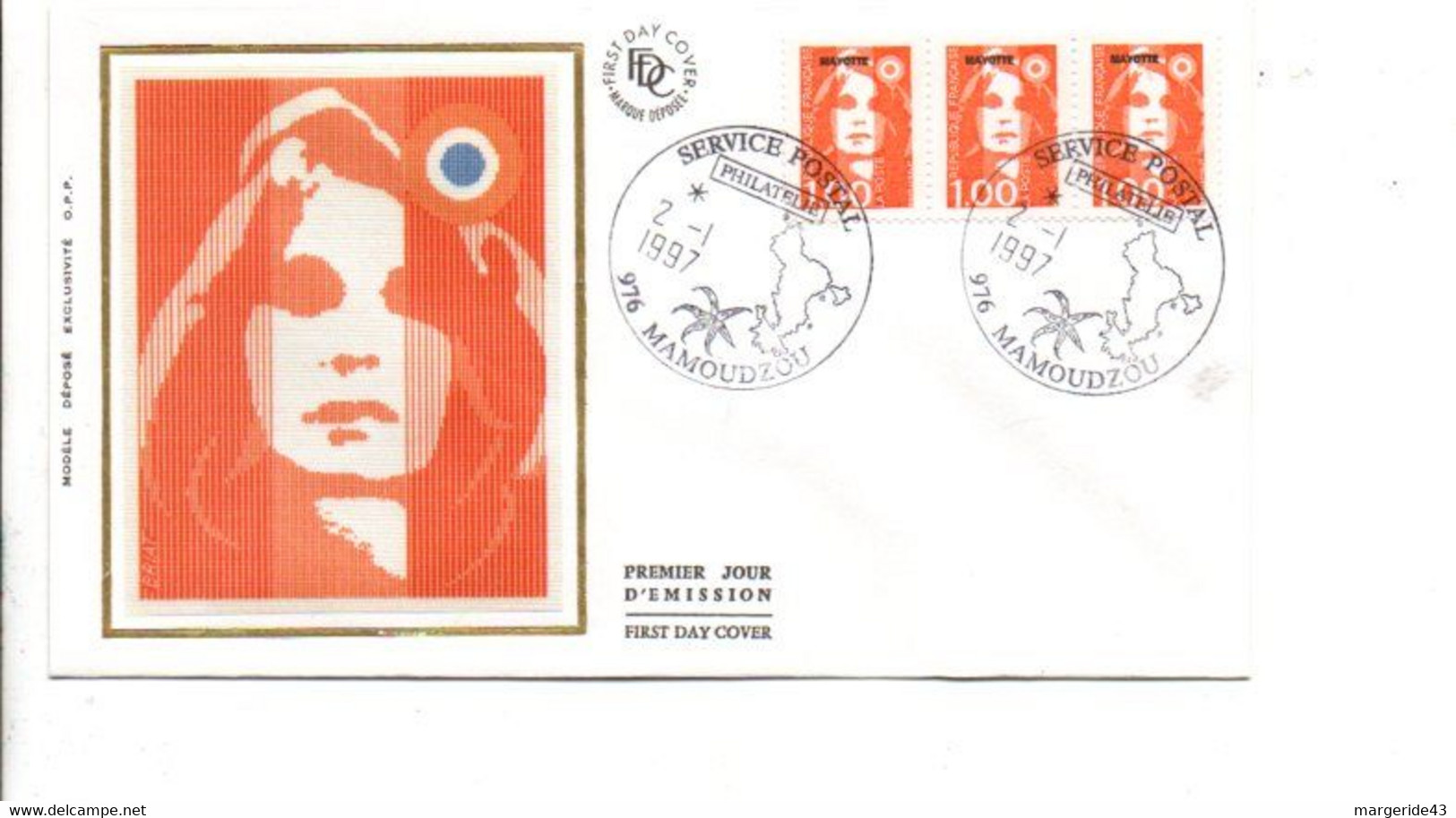 MAYOTTE FDC 1997 MARIANNE DE BRIAT 1 FRS - Lettres & Documents