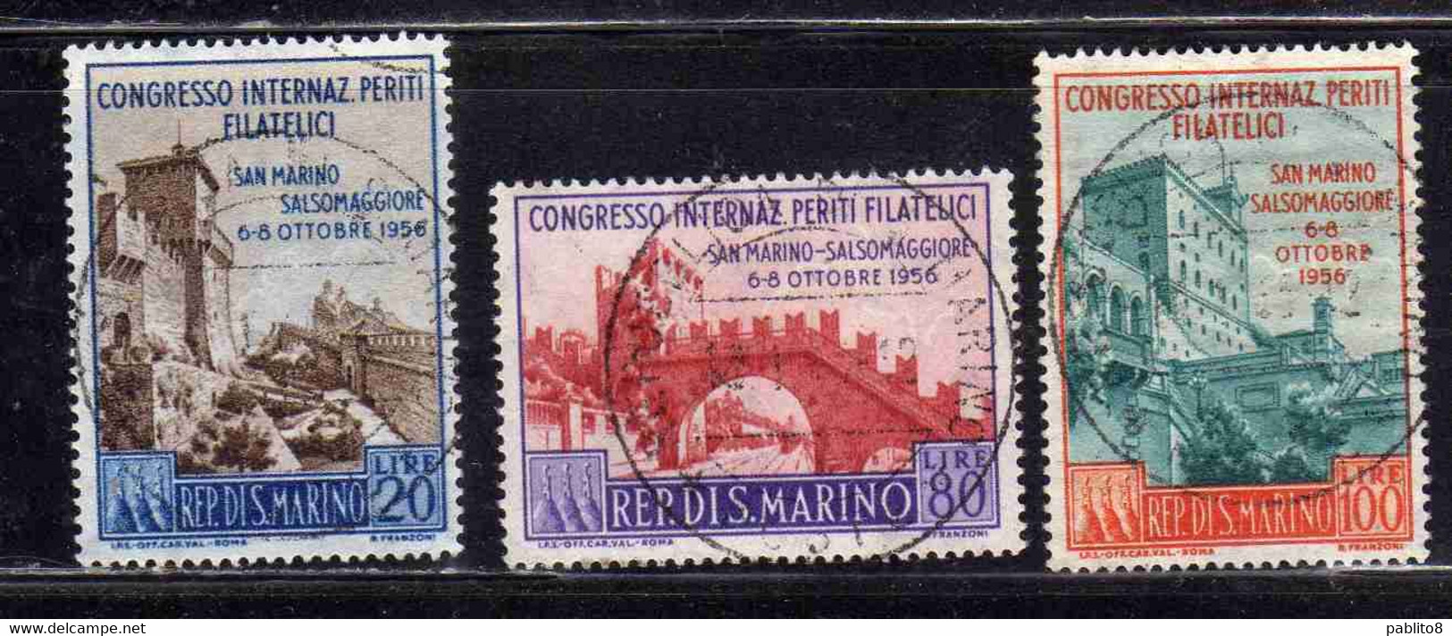 REPUBBLICA DI SAN MARINO 1956 CONGRESSO PERITI FILATELICI SERIE COMPLETA COMPLETE SET USATA USED OBLITERE' - Gebruikt