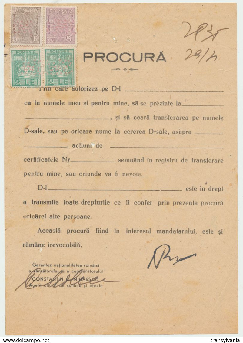Romania Aprox. 1944 Unfilled Document With Trade Agent Constantin Mihaescu Perfins Revenue King Michael Stamps - Fiscale Zegels