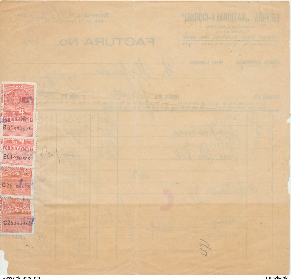 Romania 1940 Invoice Of Nationala-Ciornei Publishing House With 4 Revenue Stamps Perfins King Charles II - Fiscale Zegels