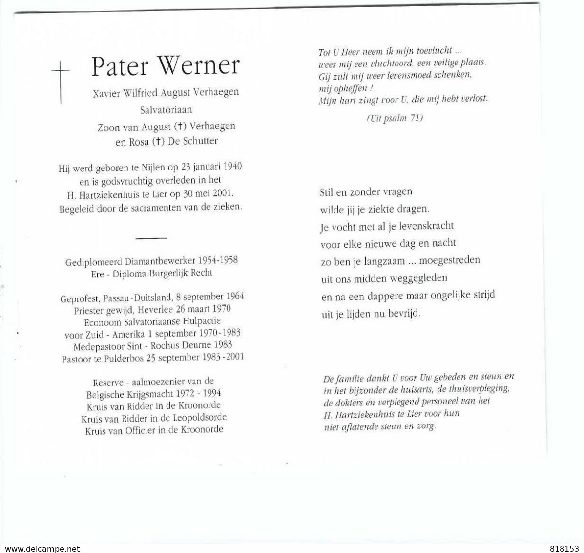 Nijlen Doodsprentje   Pater Werner - Nijlen