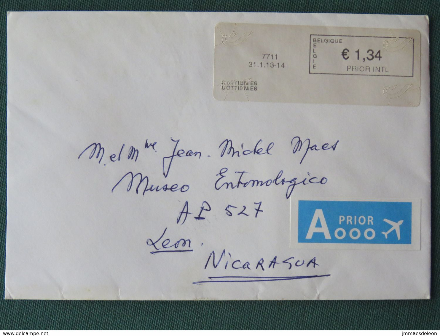 Belgium 2013 Cover To Nicaragua - Franking Label - Lettres & Documents