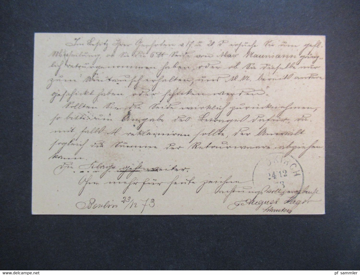 DR Reichspost 23.12.1873 Ganzsache P1 Adler In Großer Ellipse Stempel K1 Berlin P.A. 50 Nach Waldkirch In Baden - Lettres & Documents