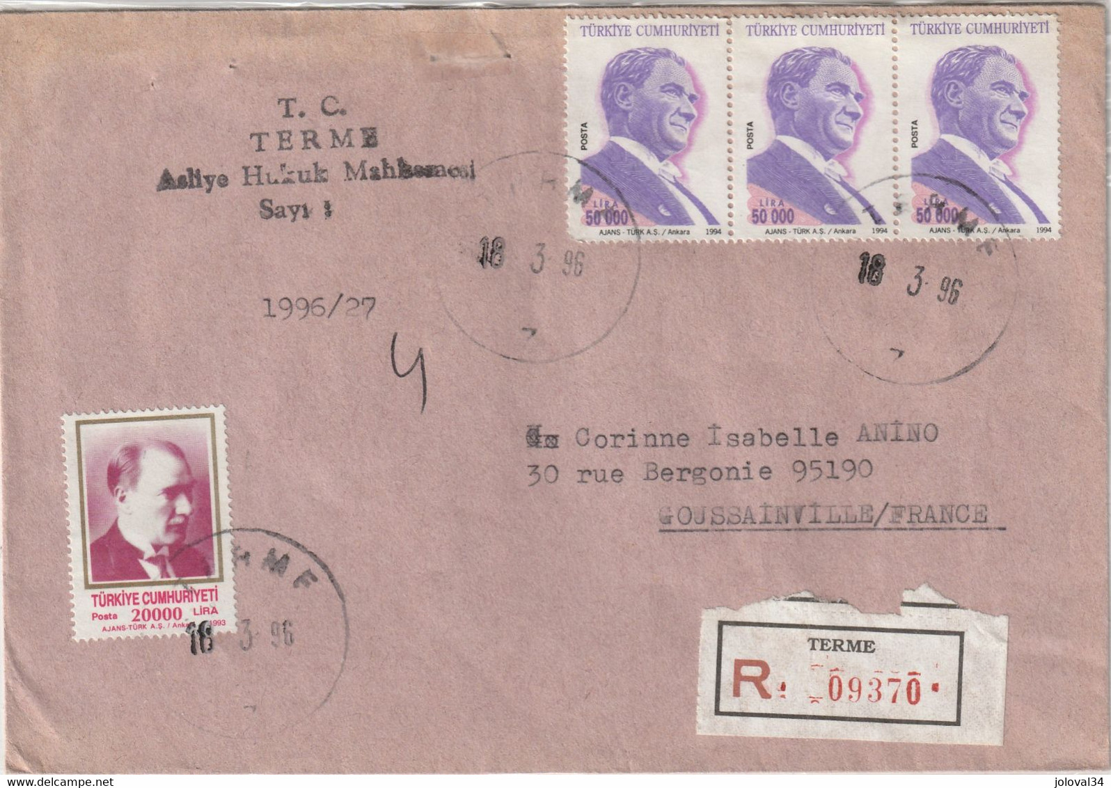 Turquie Lettre Recommandée TERME 16/3/1966 Pour Goussainville France - Briefe U. Dokumente
