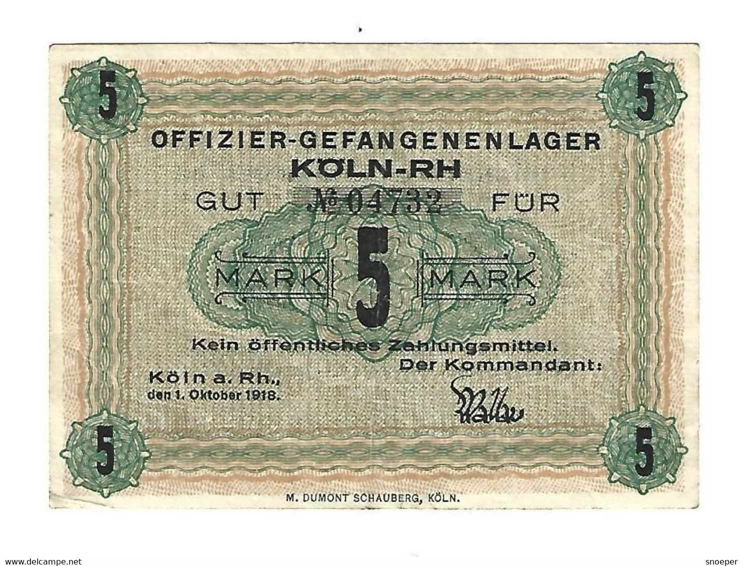 *germany Offizier Gefangenen Lager  Koln A. Rh.  5 Mark  05.07 - Sonstige & Ohne Zuordnung