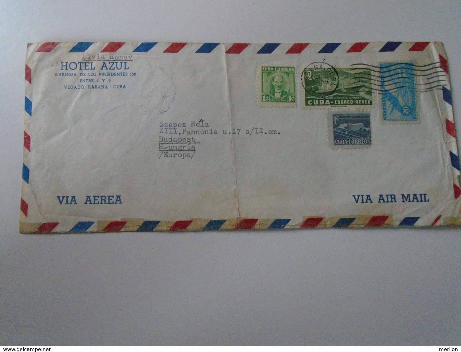 ZA399.16    CUBA   Airmail Cover -  Cancel 1955  Hotel AZUL,  Habana  Livia Ronay    Sent To Hungary - Brieven En Documenten