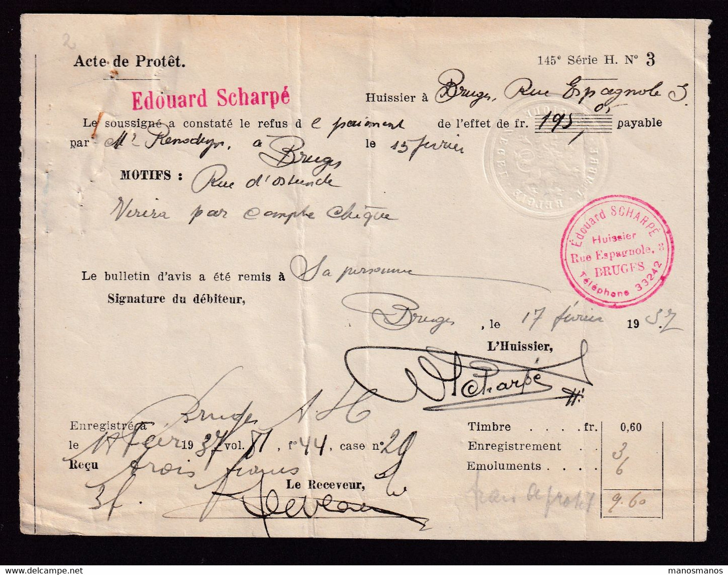 317/38 - Acte De Protet Sur Papier Fiscal BRUGES 1937 - Huissier Edouard Scharpé Pour Mr Reynsdeyn - Documents