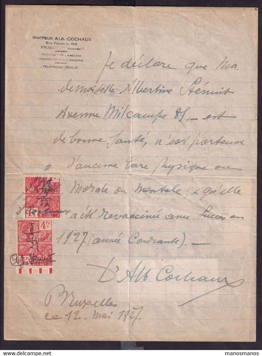 318/38 - Certificat Médical 1927 - 3 Timbres Fiscaux Belges, Dont Affaires Etrangères , Et 4 X Pérou, Consulat D' Anvers - Documents