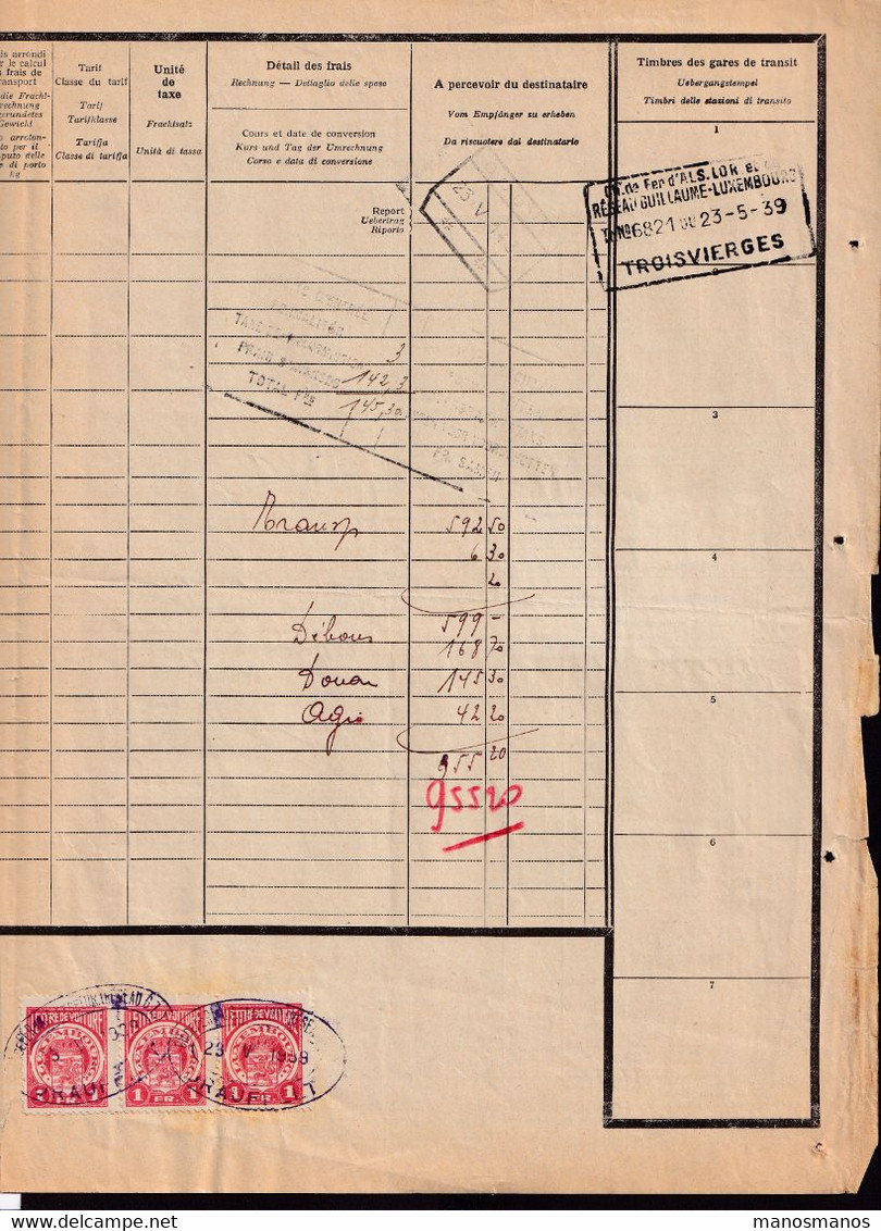 324/38 - Lettre De Voiture DRAUFFELT 1939 - 3 Timbres Fiscaux Cachetés Chemin De Fer Alsace Lorr. - Via STERPENICH - Fiscaux