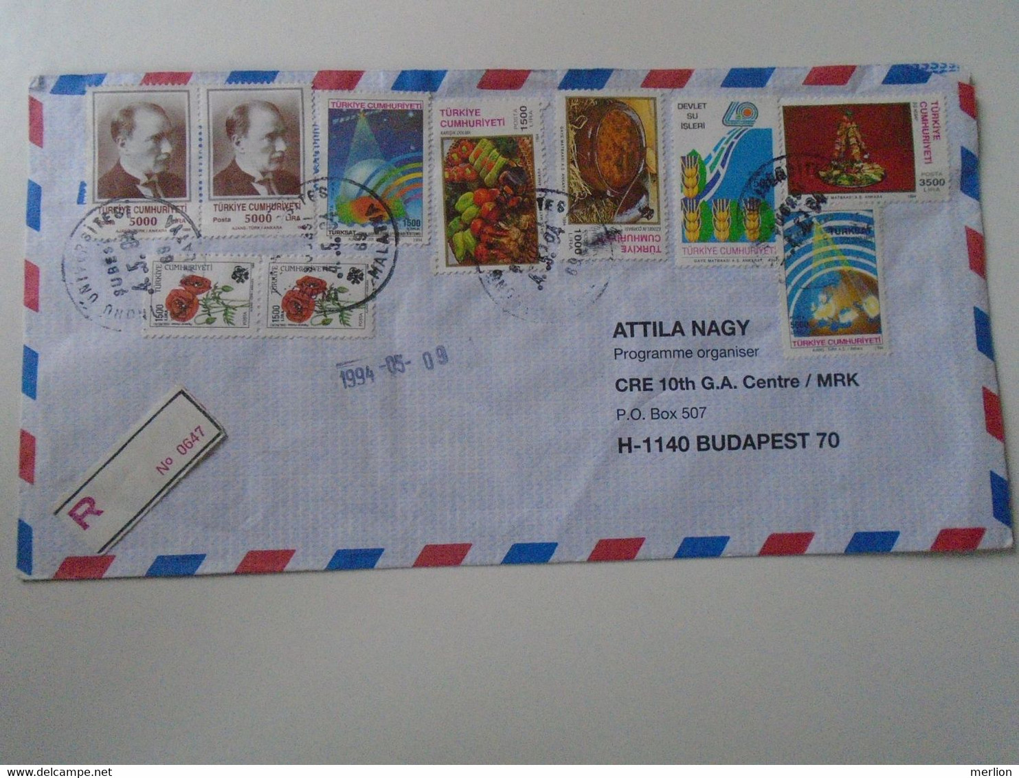 ZA400.7  Türkiye  registered airmail cover  1994 Malatya - sent to Hungary
