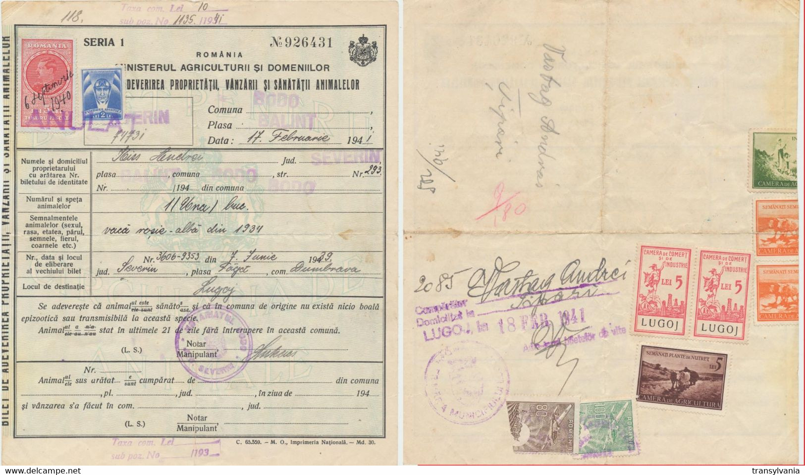 Romania 1941 Lugoj Animals Trade Document With 2x 5 Lei County Commerce Chamber Revenue Stamps - Fiscale Zegels