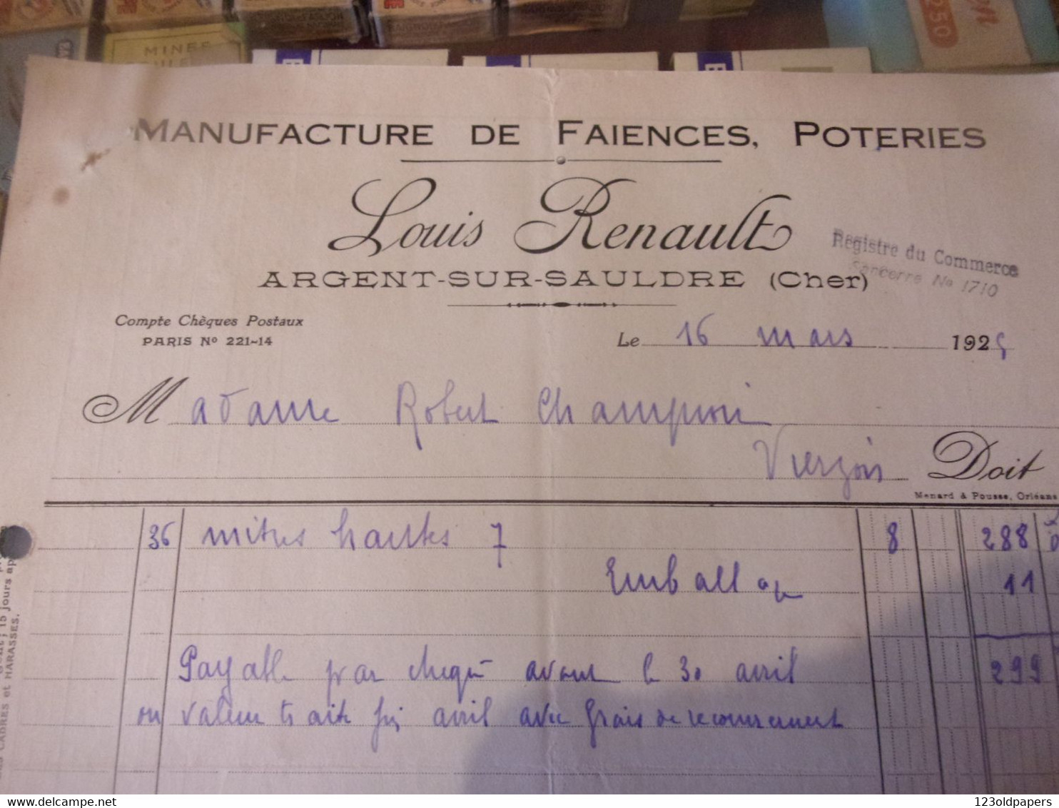 ♥️    18 FACTURE   FAIENCES  POTERIE ARGENT SUR SAULDRE LOUIS RENAULT - 1900 – 1949