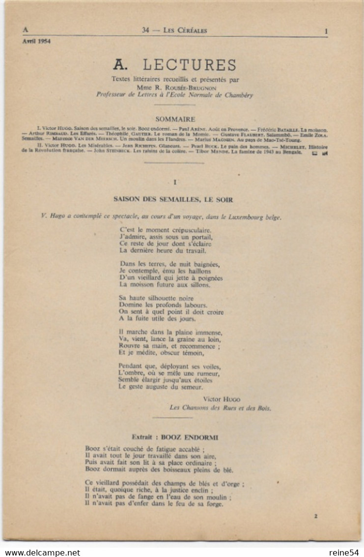 EDSCO DOCUMENTS- LES CEREALES-. N°8 Avril 1954-Pochette N°34-1ère Partie- Support Enseignants-Les Editions Scolaires - Didactische Kaarten