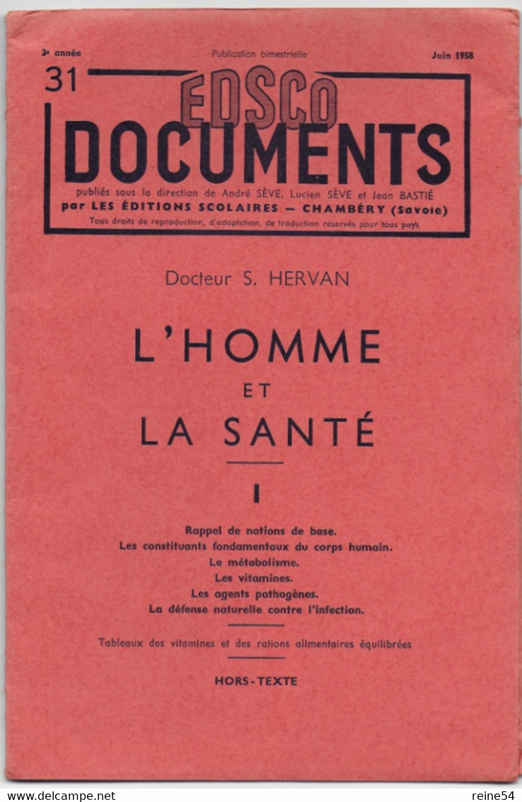 EDSCO DOCUMENTS- L'HOMME Et LA SANTE-.3e Année - Juin1958 -Pochette N°31 Support Enseignants-Les Editions Scolaires - Didactische Kaarten