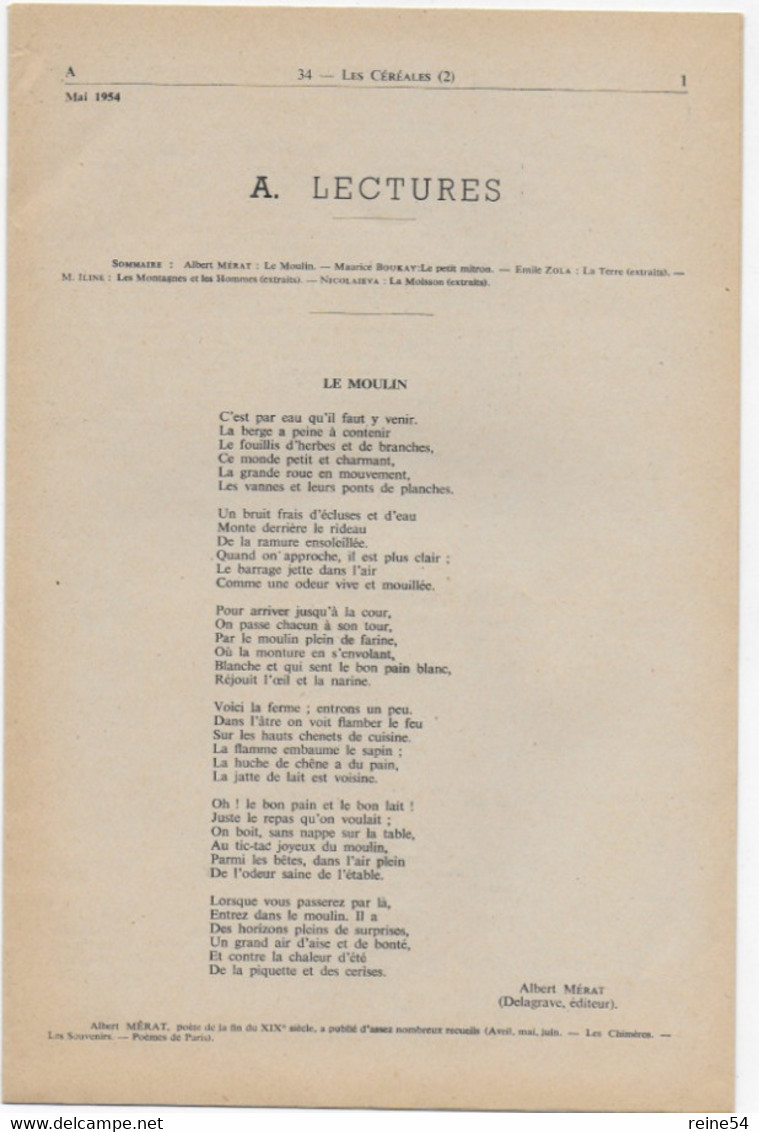 EDSCO DOCUMENTS- LES CEREALES-. N°9 Mai 1954-Pochette N°34-2ème Partie- Support Enseignants-Les Editions Scolaires - Didactische Kaarten