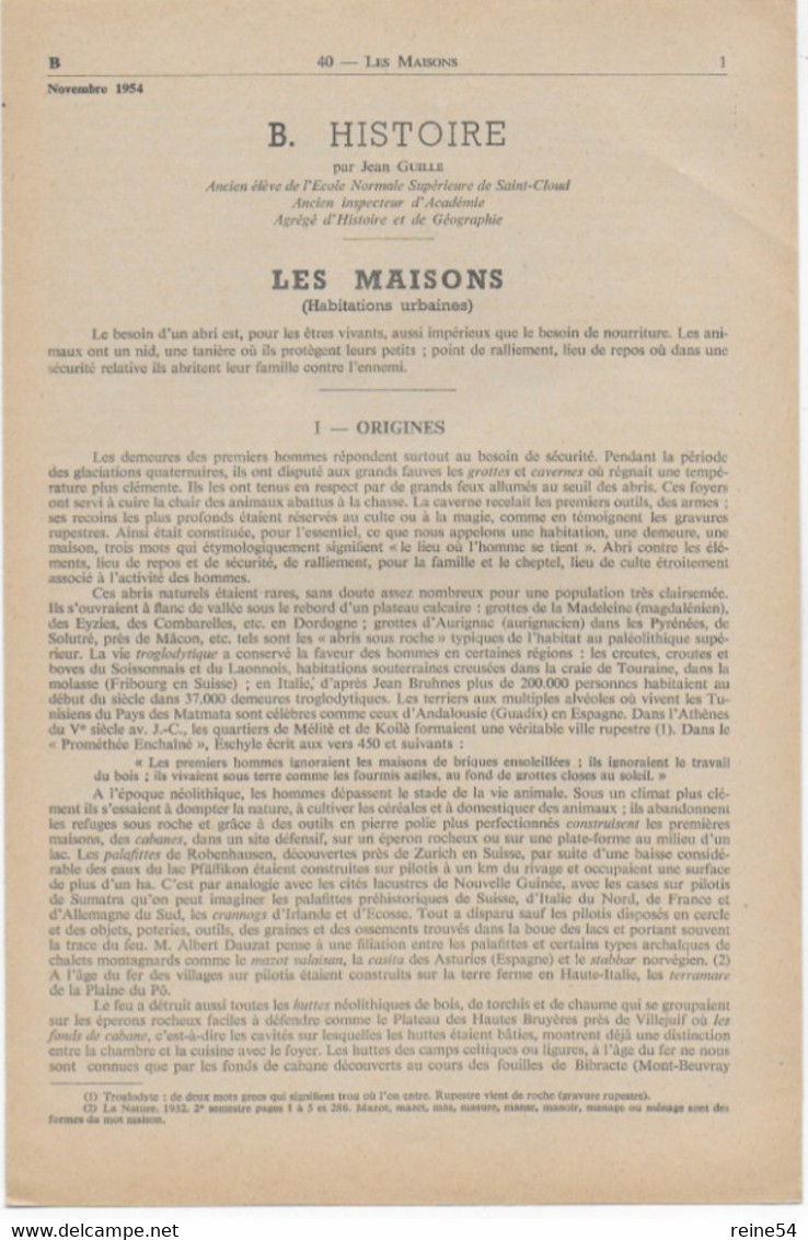 EDSCO DOCUMENTS- LES MAISONS-. N°3 Novembre 1954-Pochette N°40 Support Enseignants-Les Editions Scolaires - Fichas Didácticas