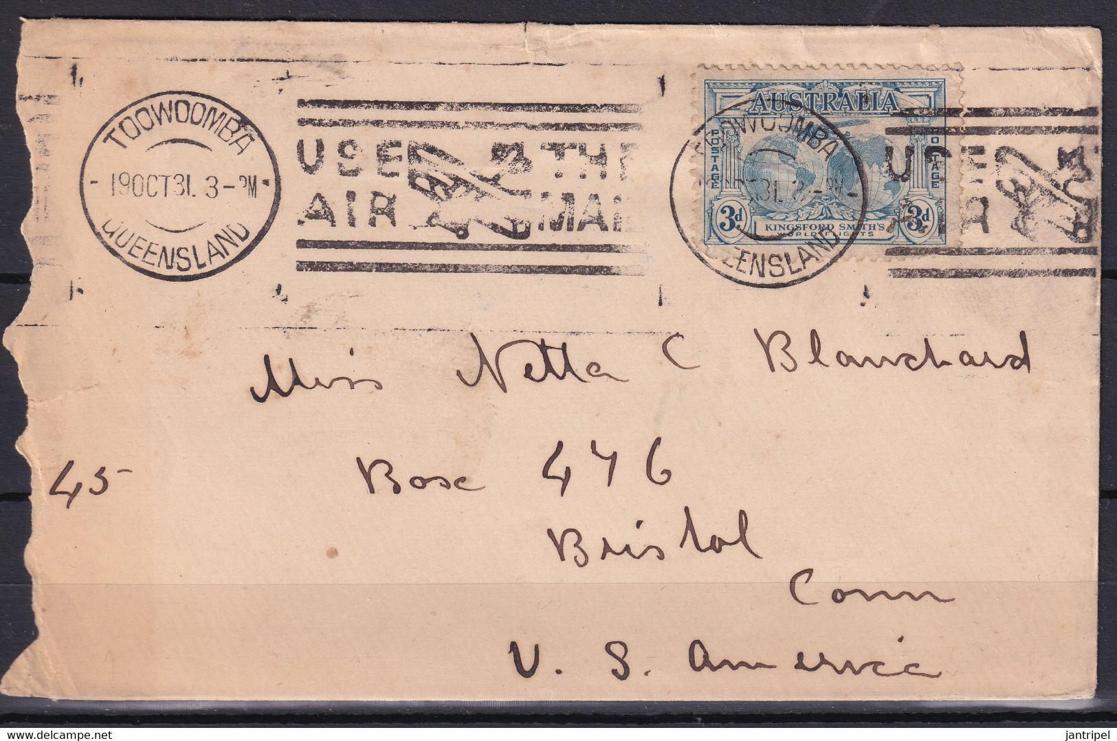 AUSTRALIA 1931 AIRMAIL COVER QLD To USA  Roughly Opened - Storia Postale