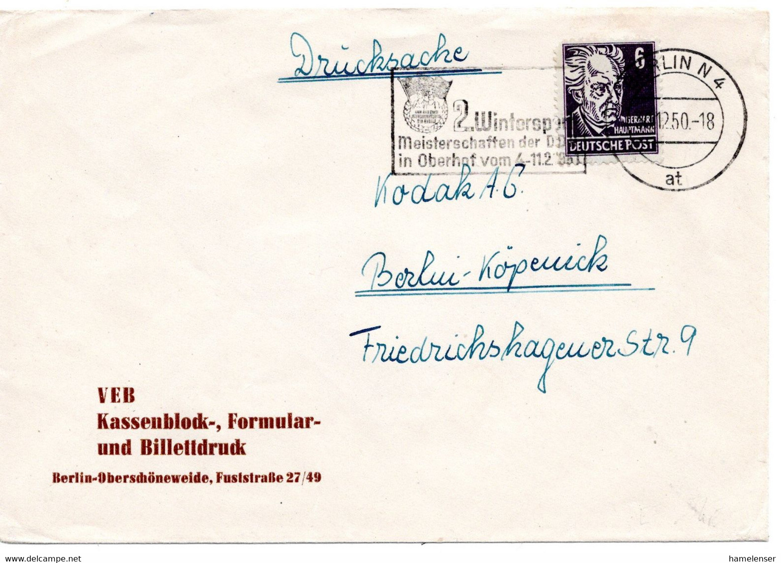 62736 - DDR - 1950 - 6Pfg Hauptmann EF A DrucksBf BERLIN - 2, WINTERSPORT-MEISTERSCHAFTEN DER DDR ... -> Berlin - Wintersport (Sonstige)