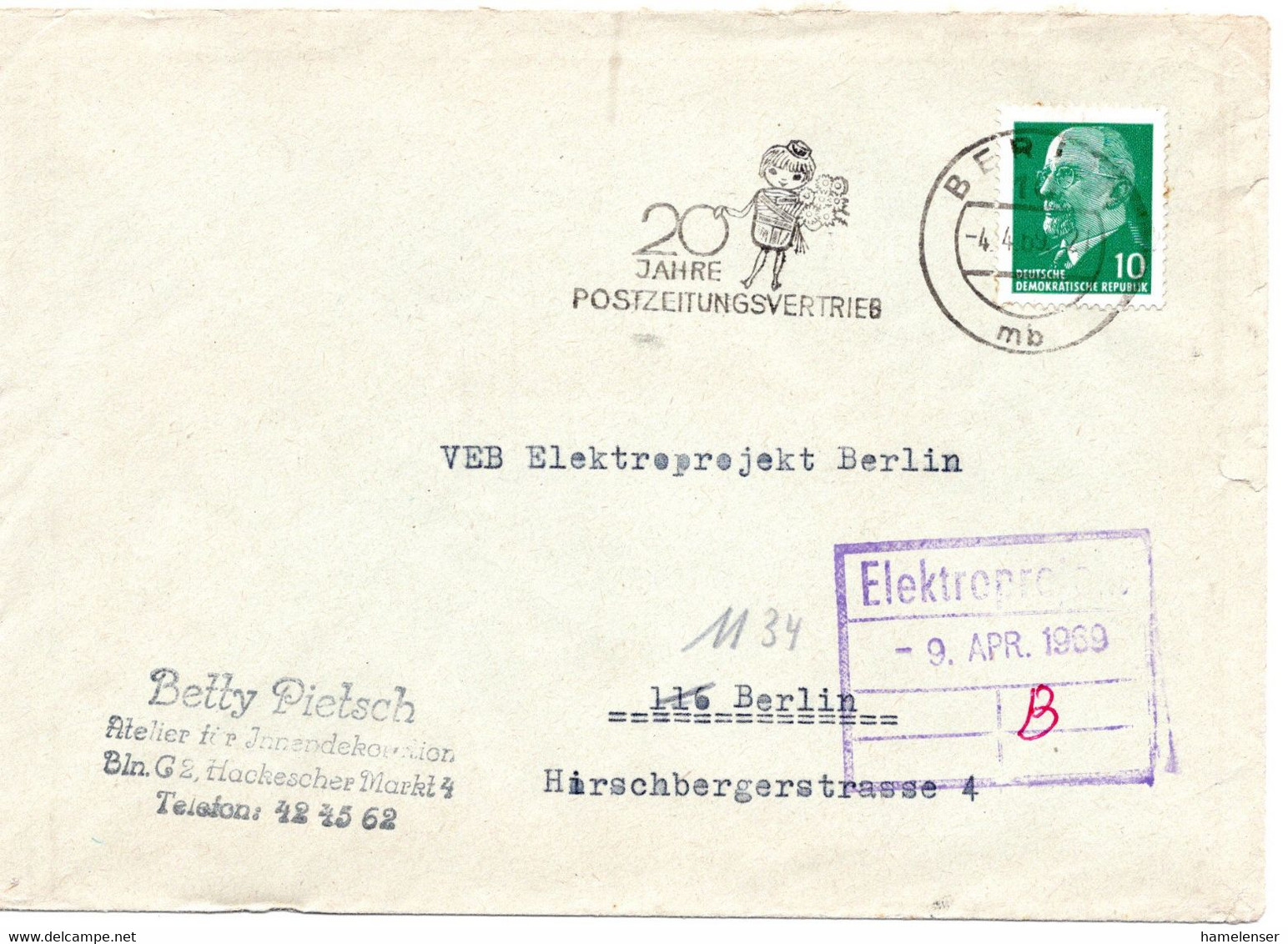 62757 - DDR - 1969 - 10Pfg Ulbricht EF A OrtsBf BERLIN - 20 JAHRE POSTZEITUNGSVERTRIEB - Brieven En Documenten