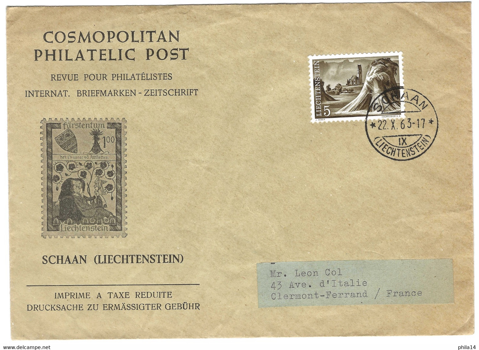 ENVELOPPE LIECHTENSTEIN / SCHAAN POUR CLERMONT FERRAND PUY DE DOME FRANCE 1963 / COSMOPOLITAN PHILATELIC POST - Storia Postale