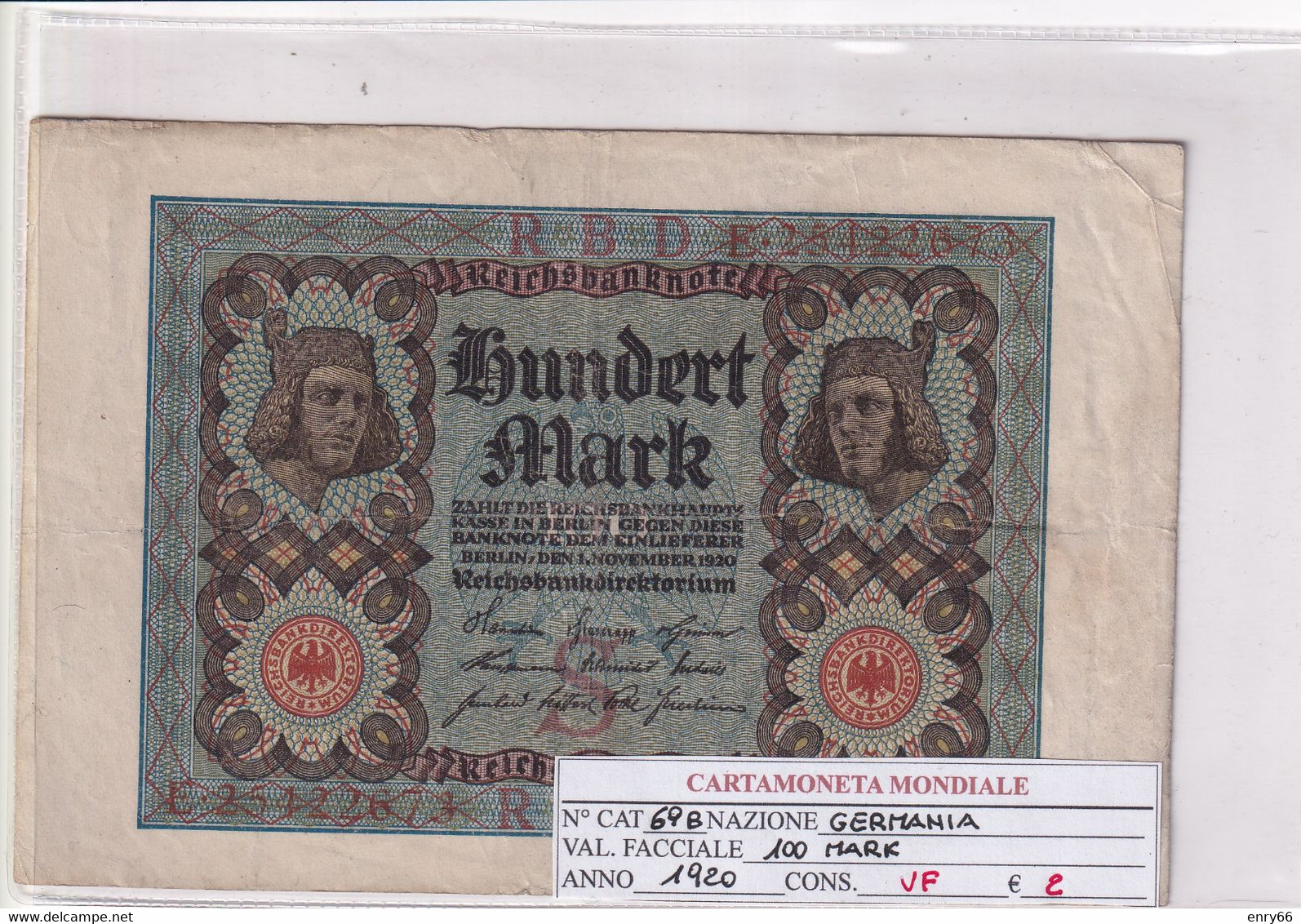 GERMANIA WEIMAR 100 MARK 1920 P 69B - 100 Mark