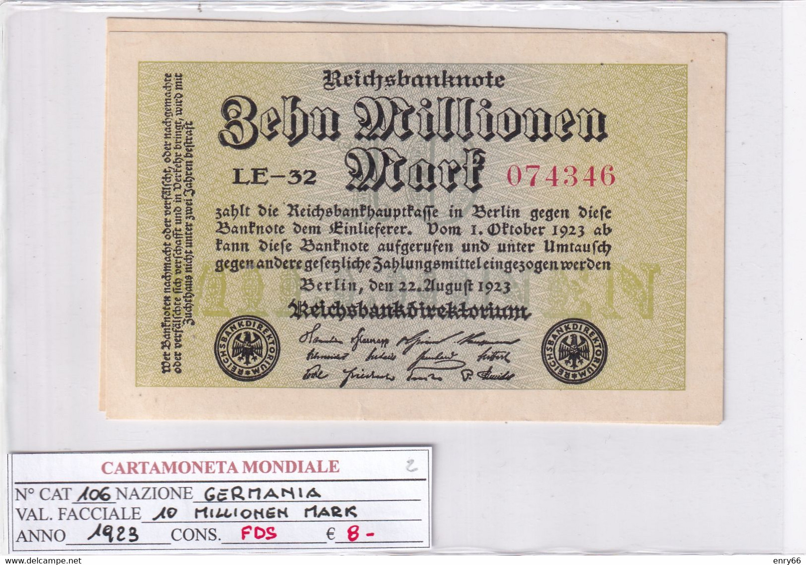 GERMANIA WEIMAR 10 MILLIONEN MARK 1923 P 106 - 10 Millionen Mark