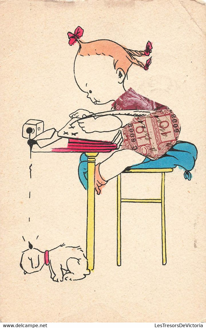 CPA Timbres Découpés Pour Les Vetements De La Petite Fille - Illustration Fillette écrivant à La Plume - Chien - Timbres (représentations)