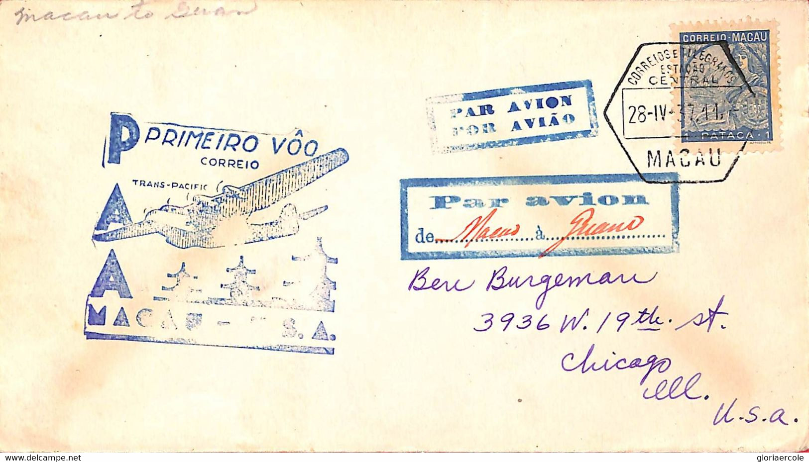 Aa6738 - MACAU Macao   POSTAL HISTORY - FIRST FLIGHT COVER To USA 1937 Guam - Brieven En Documenten