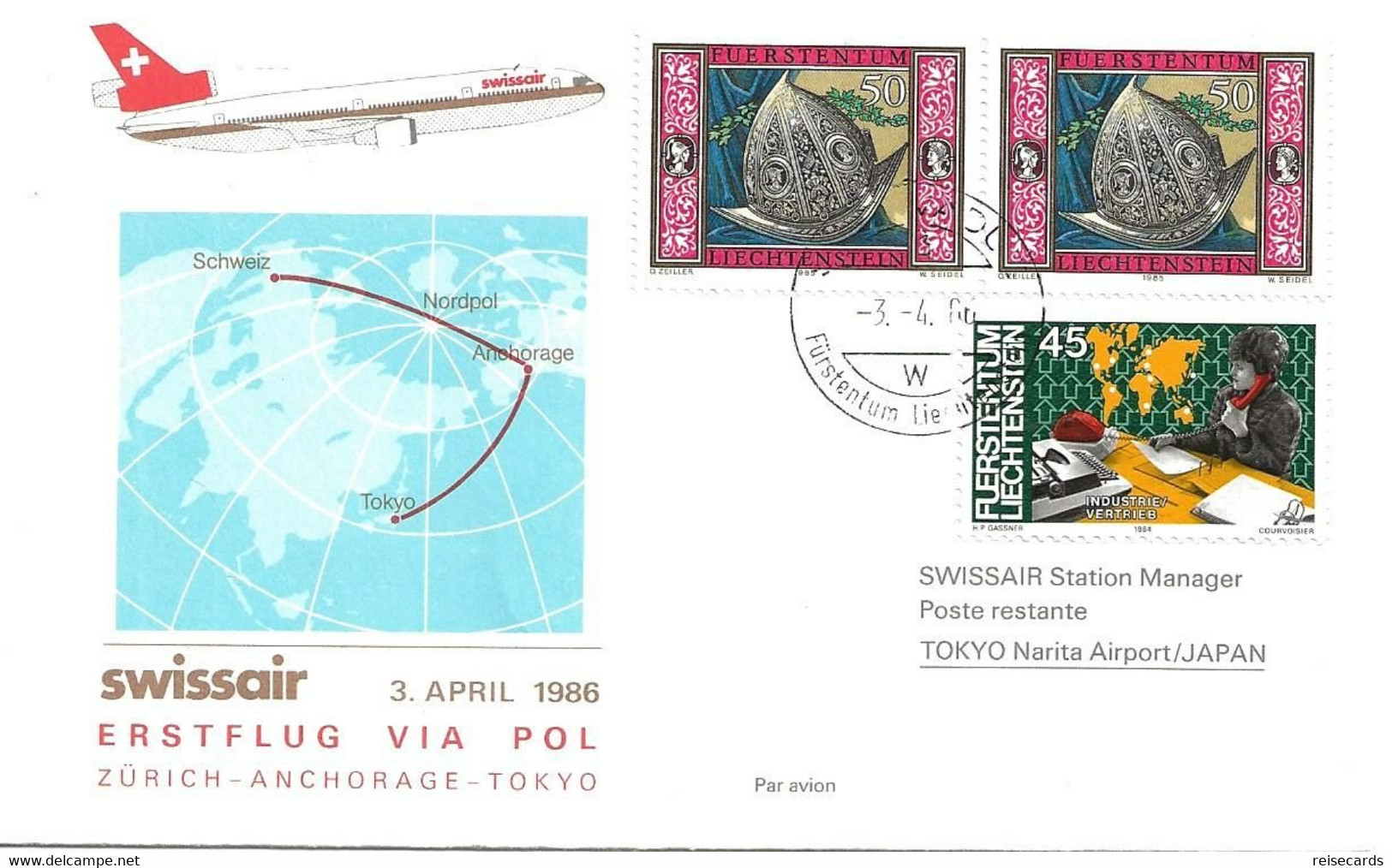 Liechtenstein: 1986 Swissair Air Mail Brief Zürich - Anchorage - Tokyo - Lettres & Documents