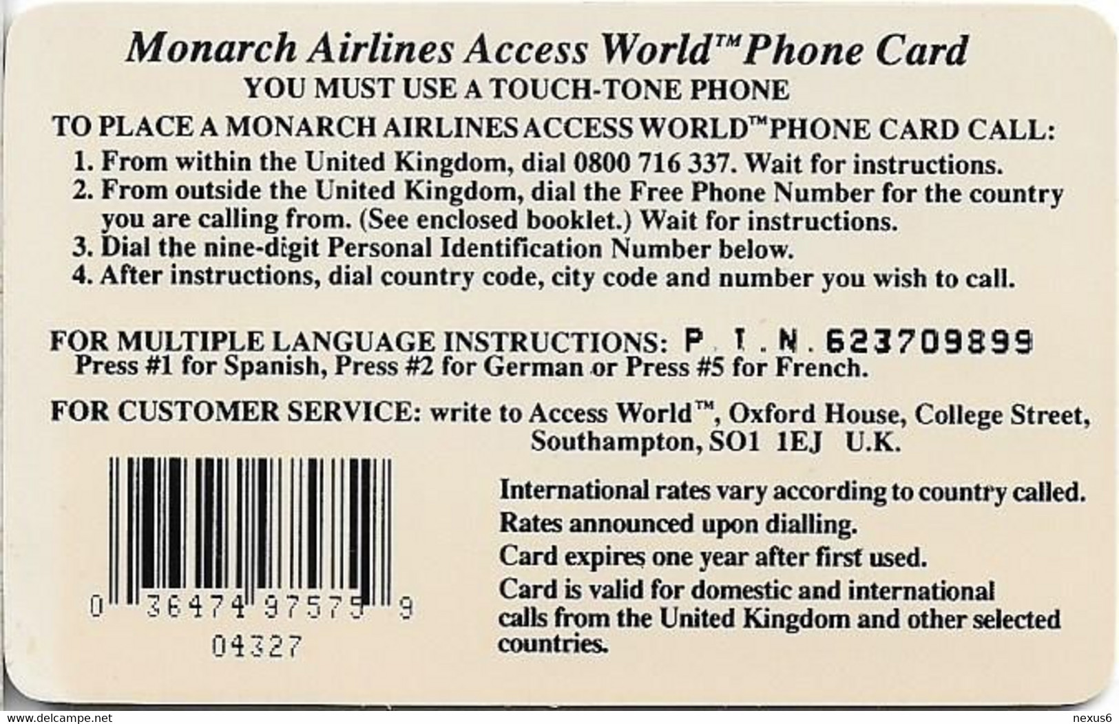 UK - Monarch Airlines - Access World Phone Card, Remote Mem. 10£, Used - Emissions Entreprises