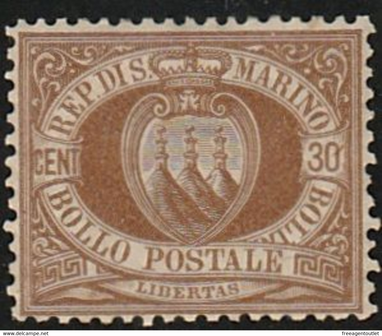 San Marino 1877 - 30c. - UNUSED - Brown Coat Of Arms - Signed By Diena - Unused Stamps