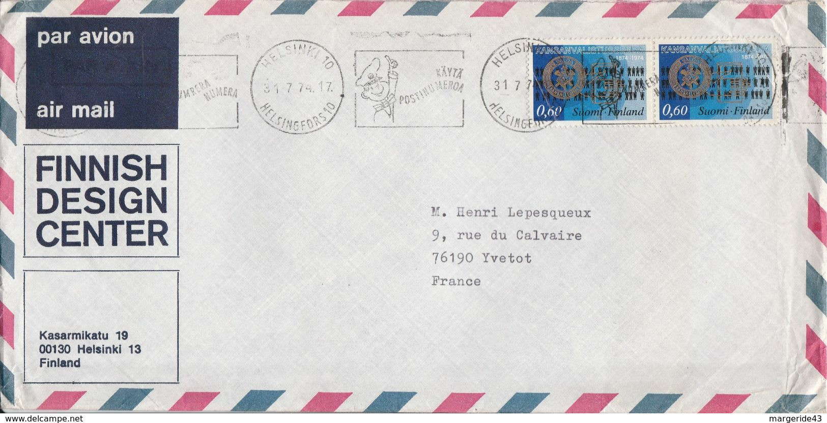 FINLANDE AFFRANCHISSEMENT COMPOSE SUR LETTRE AVION POUR LA FRANCE 1974 - Covers & Documents