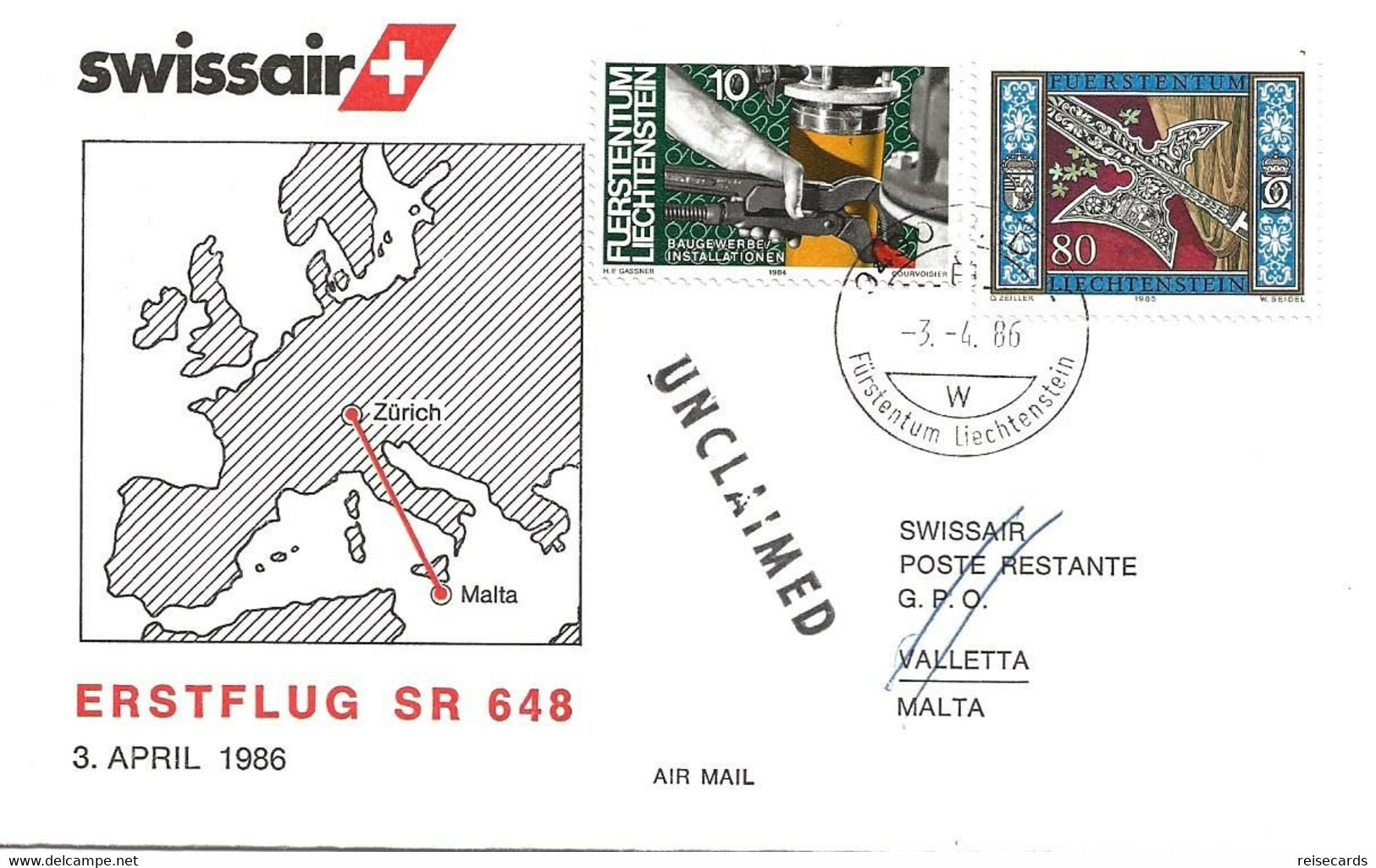 Liechtenstein: 1986 Swissair Air Mail Brief Zürich - Valletta - Covers & Documents