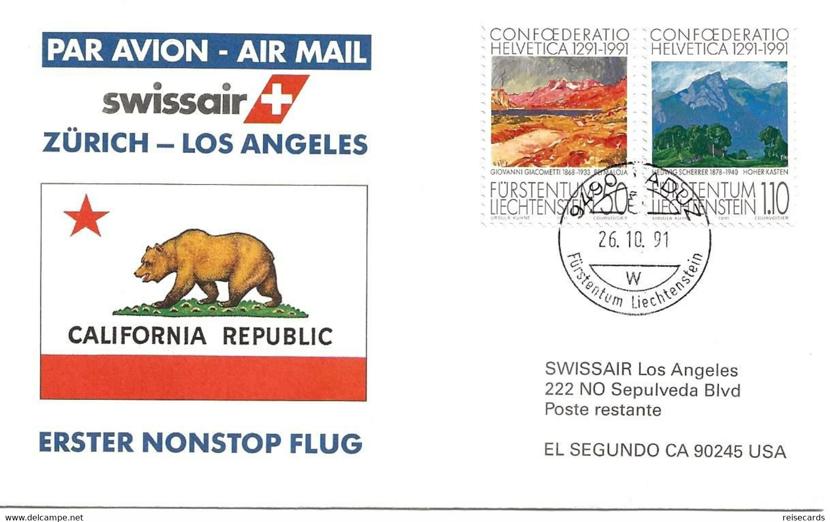 Liechtenstein: 1991 Swissair Air Mail Brief Zürich - Los Angeles (Nonstop) - Brieven En Documenten