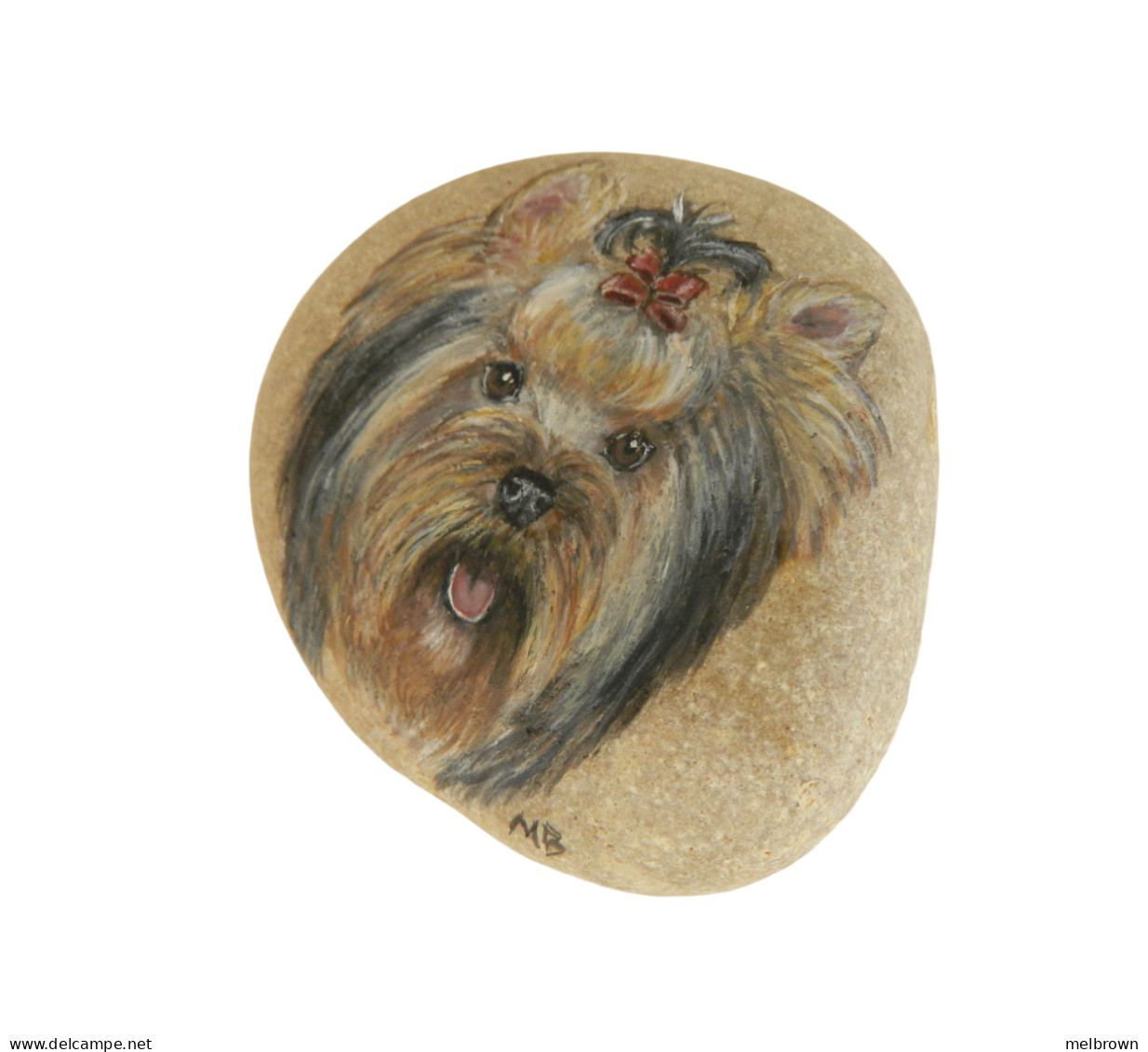 Yorkshire Terrier Hand Painted On A Smooth Beach Stone Paperweight - Animals